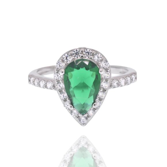 Sterling Silver 925 Rhodium Plated Teardrop Emerald and Clear CZ Ring - Picture 2 of 10